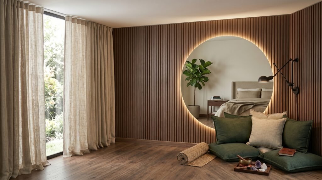La imagen muestra un ventanal de piso a techo cubierto con una elegante cortina de lino crudo haciendo un hermoso contraste con la zona de meditación con un enorme espejo circular retroiluminado