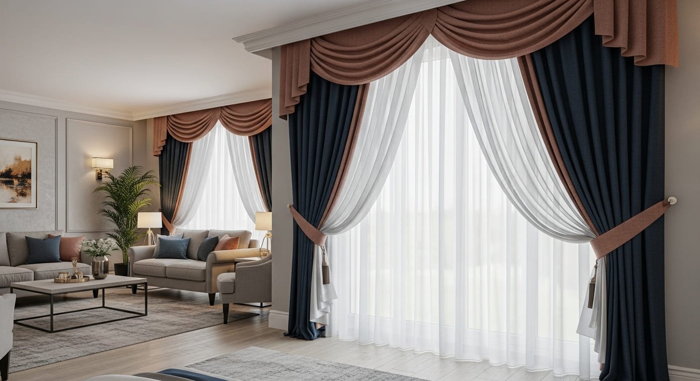 Lujosas cortinas de sala en azul marino y terracota con cenefas decorativas, combinadas con visillos blancos para un control de luz y un diseño sofisticado.