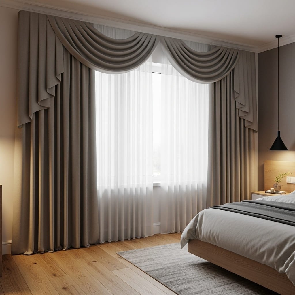 Sofisticadas cortinas que oscurecen en tono gris con una cenefa decorativa ondulada y visillos transparentes en un dormitorio moderno.