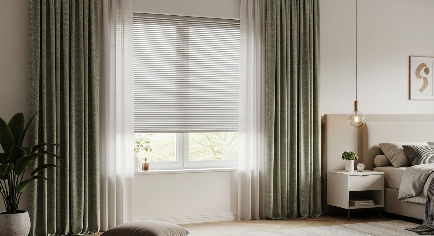Un dormitorio moderno y luminoso con una ventana que presenta persianas venecianas grises y cortinas dobles en tonos verde salvia y blanco translúcido. Una planta grande se encuentra a la izquierda y una mesita de noche con una lámpara a la derecha, junto a un cabecero de cama.