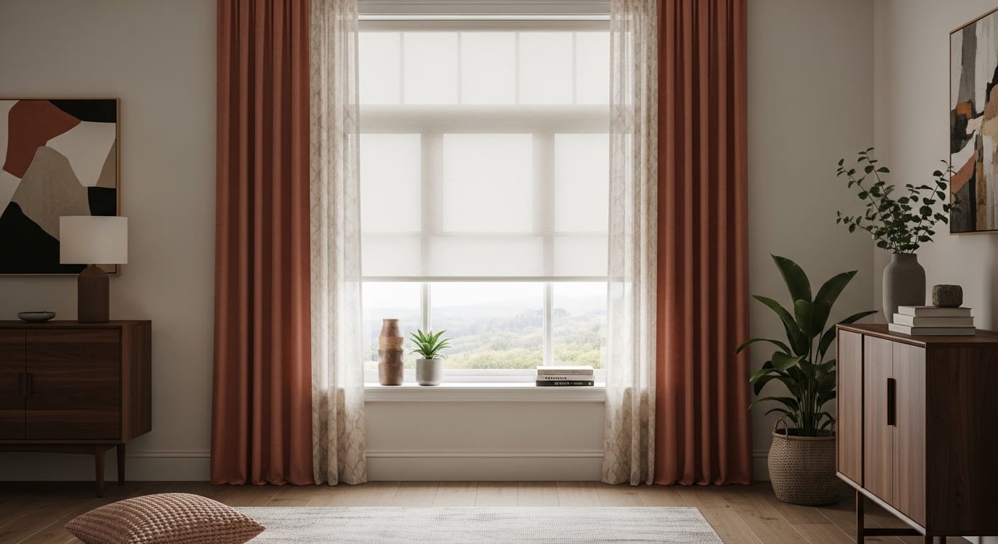 Una sala de estar cálida con una ventana que combina persianas enrollables blancas y cortinas dobles en tonos terracota y blanco con un patrón sutil. Un aparador de madera con una lámpara se encuentra a la izquierda y otro mueble de almacenamiento a la derecha, con una planta y arte abstracto en las paredes.