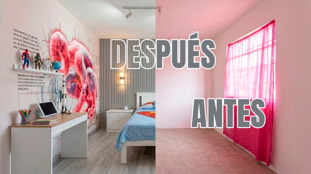 La imagen muestra el antes y después de la Decoración de una Recámara, se aprecia que se agregaron piso laminado SPC, un mural de super héroe y lambrín sintético en el muro de fondo, así como accesorios propios de la recámara de un niño.
