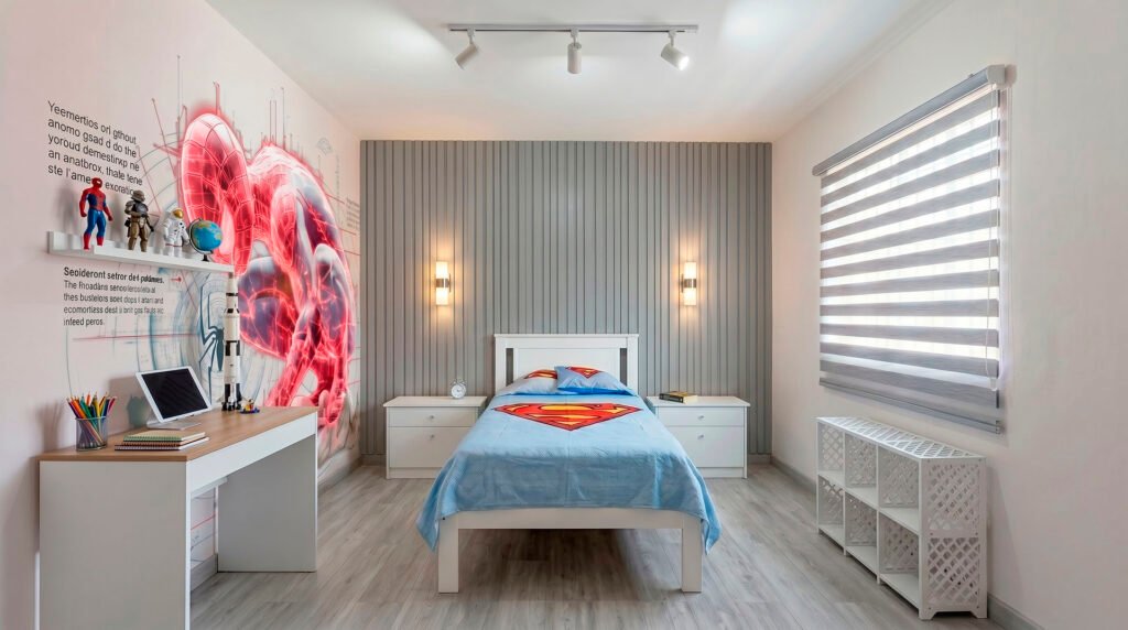 Recámara remodelada con piso laminado SPC, lambrín sintético en el muro de fondo, persiana sheer elegance gris cubriendo la ventana y un mural de super héroe en el muro izquierdo, se aprecian también accesorios en color blanco propios de un niño pequeño